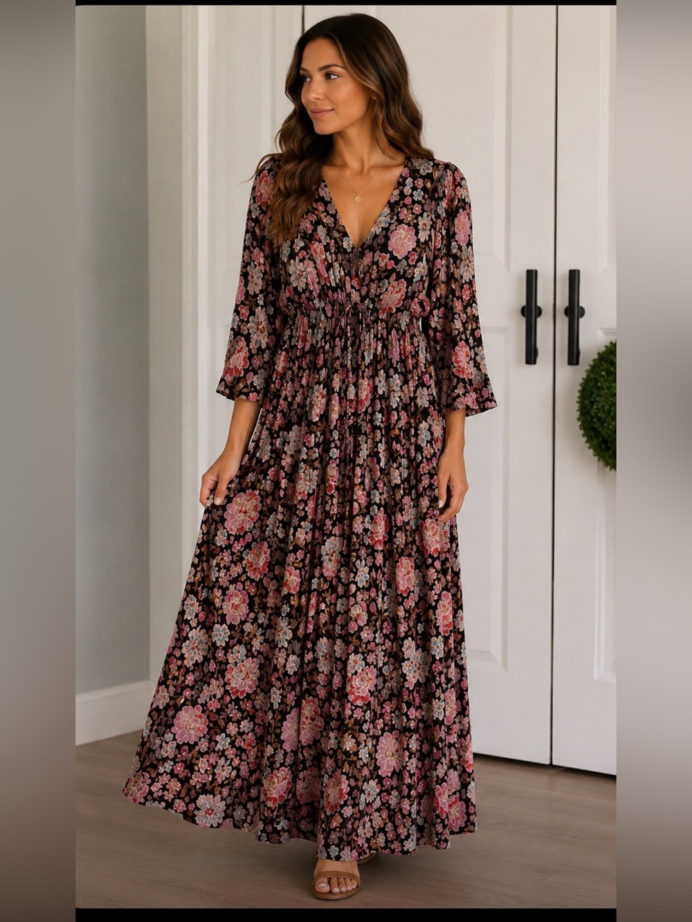 Anthro Saltwater LUXE Women's Floral V-Neck Maxi Dress in Black and Pink small